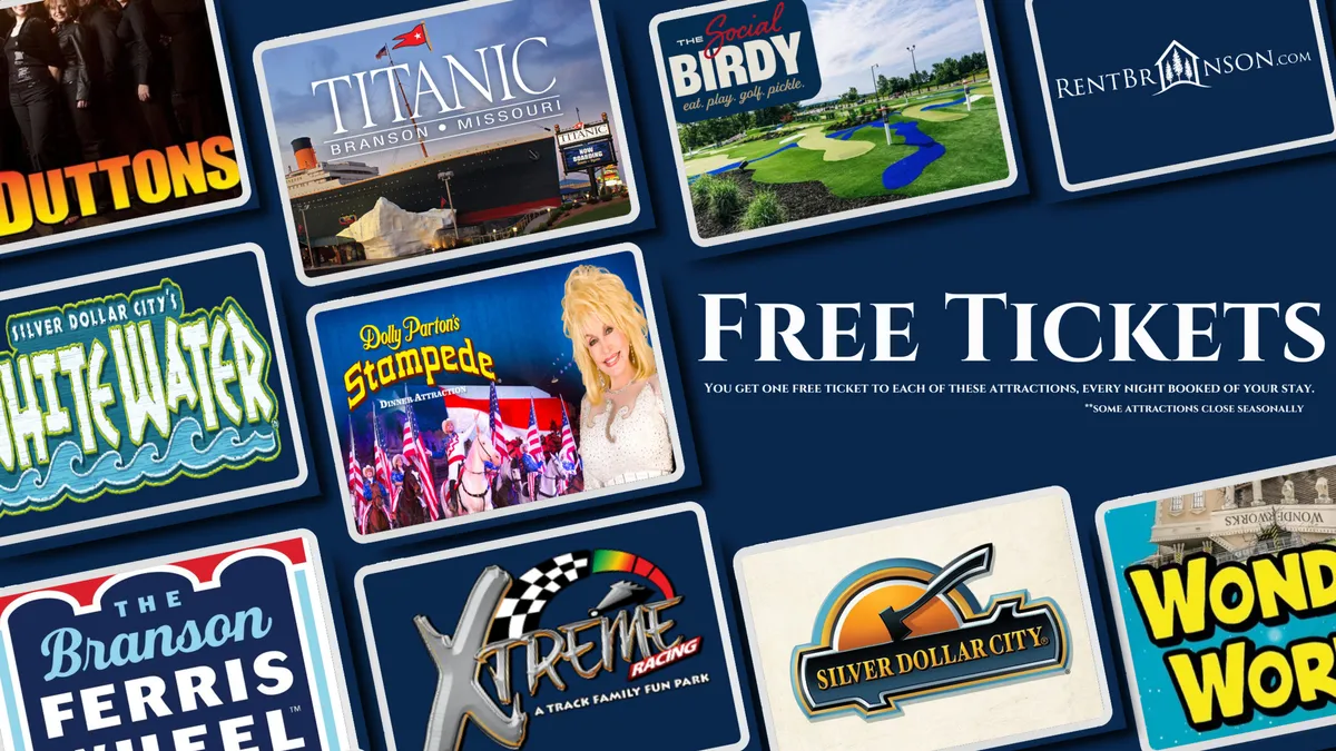 A colorful interior scene featuring attraction logos, the words 'Free Tickets,' and lively graphics that evoke excitement over shows, water parks, and theme attractions.